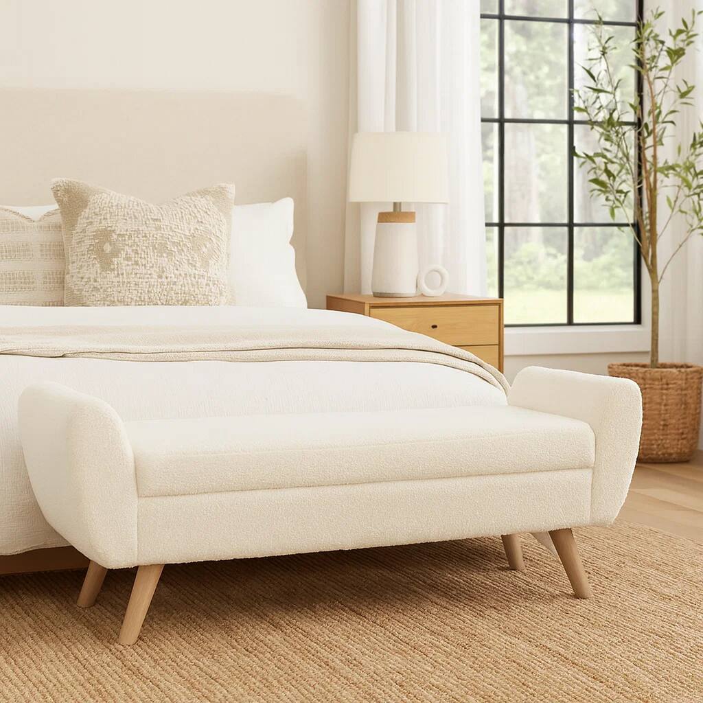 Rae Storage Bench Ottoman with Arms, Cream Sherpa, Brown, 60 Inch