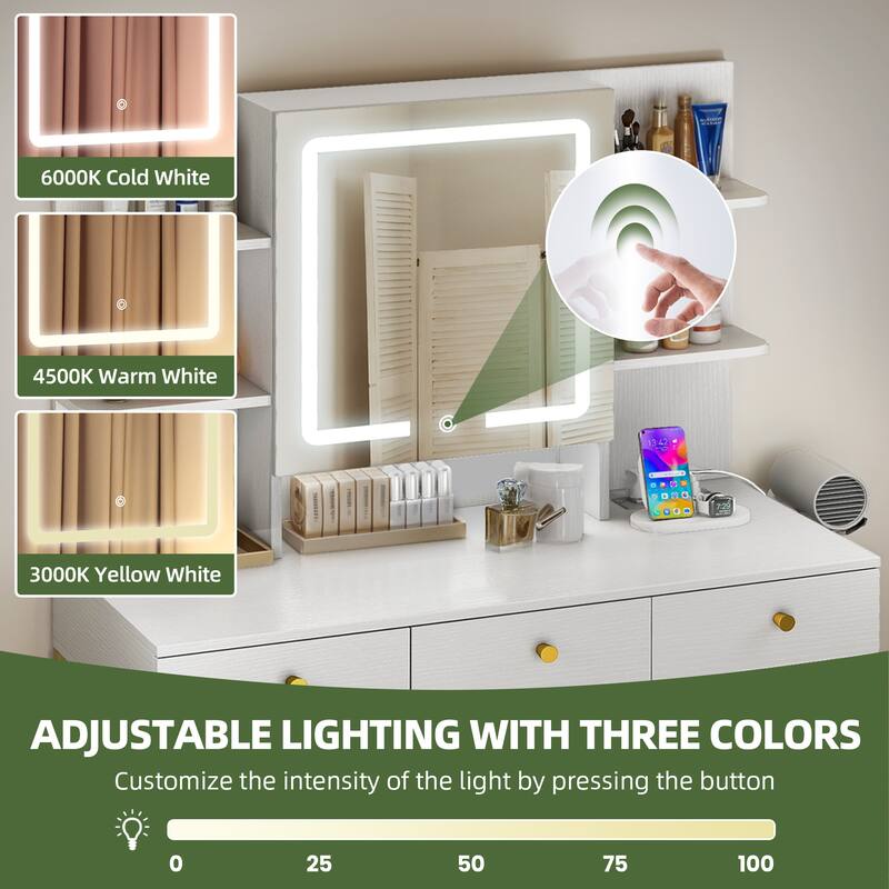 Moasis 3 Drawers Makeup Vanity Desk Set with Lights and Mirror & Stool