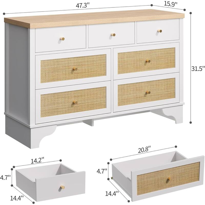 47.3" Wide Rattan 7 Drawer Dresser Storage Organizer for Bedroom
