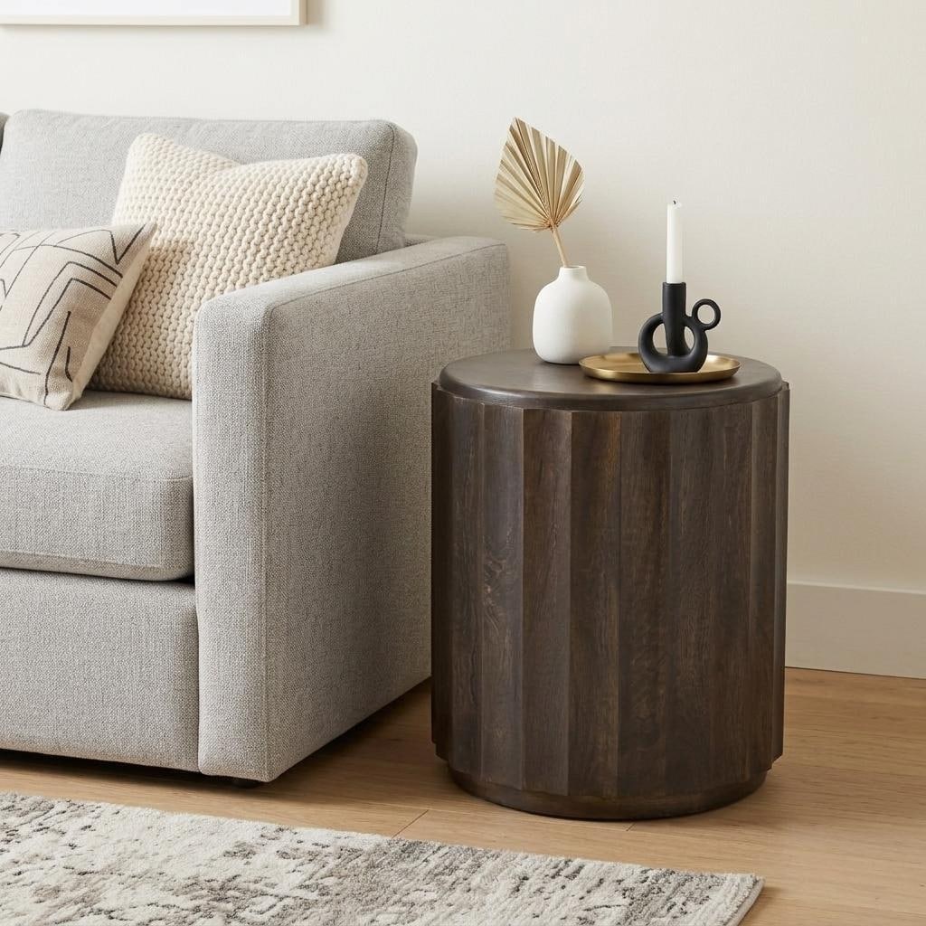 HomeRoots 23" Brown Distressed Solid Wood Round Scalloped Drum End Table - 20.00 in. x 23.00 in. x 20.00 in.