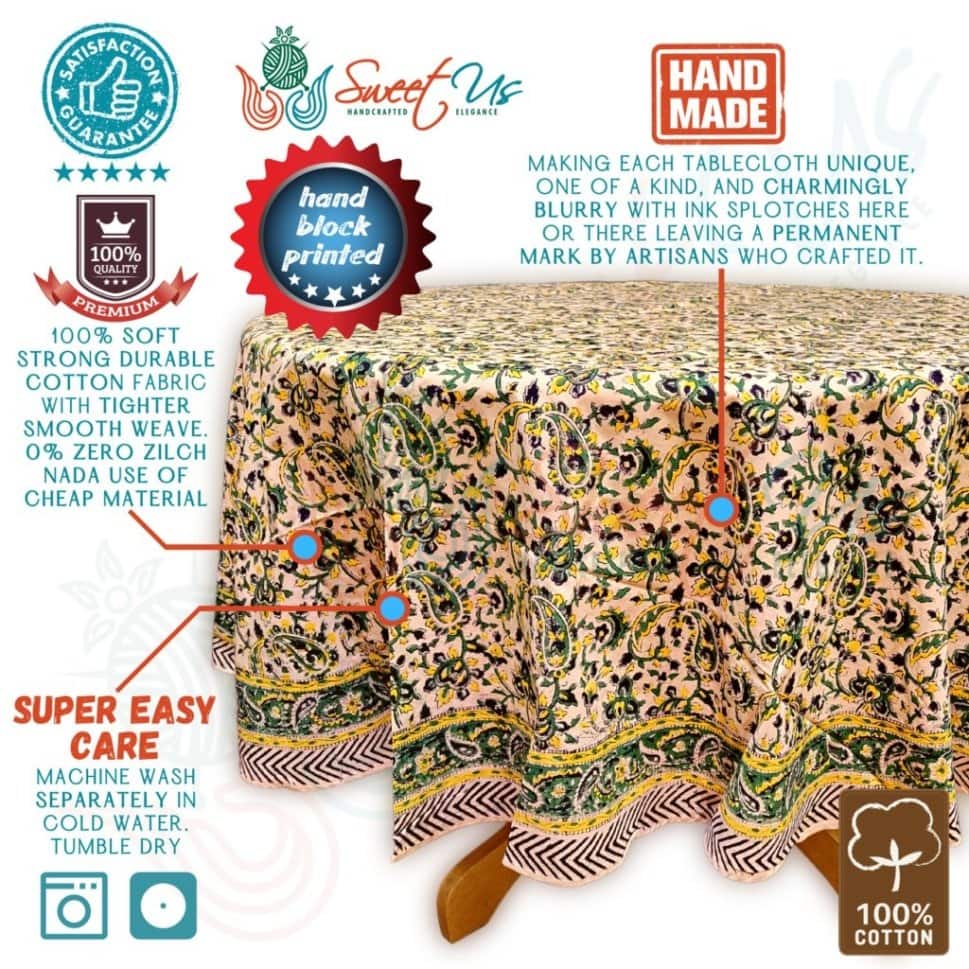 Block Print Tablecloth Round, Floral Paisley Love Gold - Paisley Love, Black Green Yellow