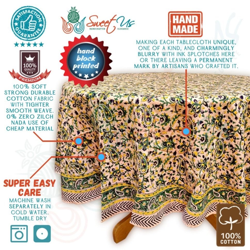 Block Print Tablecloth Round, Floral Paisley Love Gold - Paisley Love, Black Green Yellow