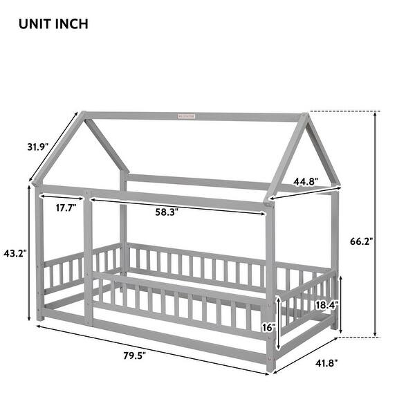 Twin Size Floor Solid Wooden Bed with House Roof Frame & Fence Guardrails, Adorable Style for Toddle & Kids' Bedroom