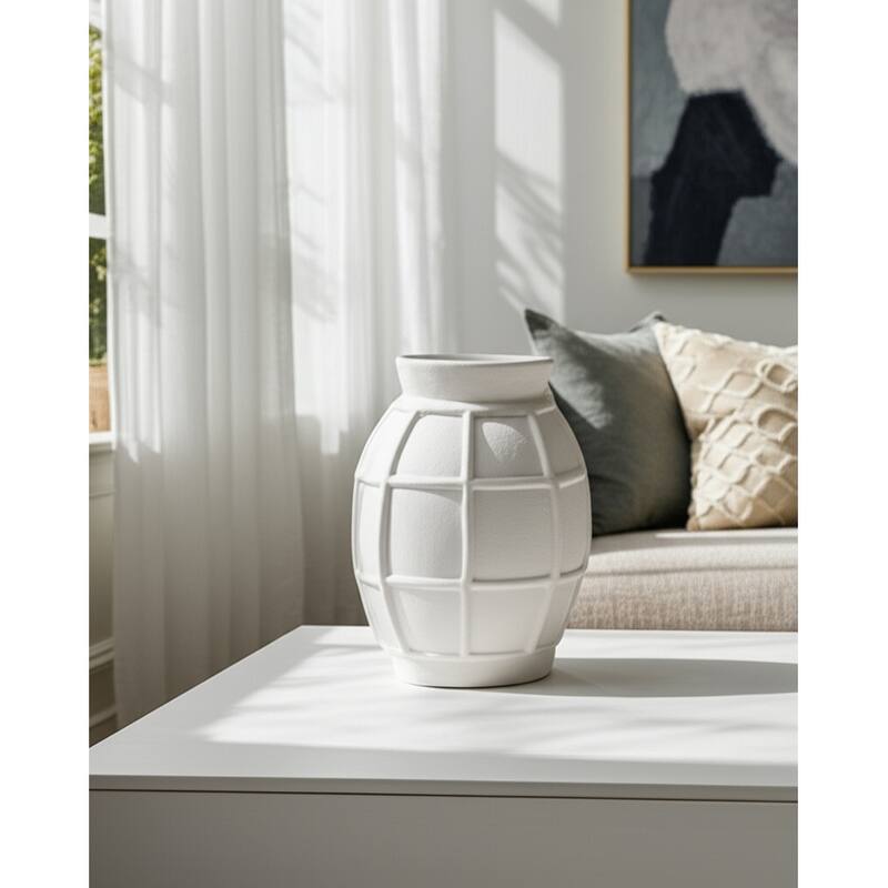 Paper Mache Raised Grid Texture Modern Vase - White, 14"