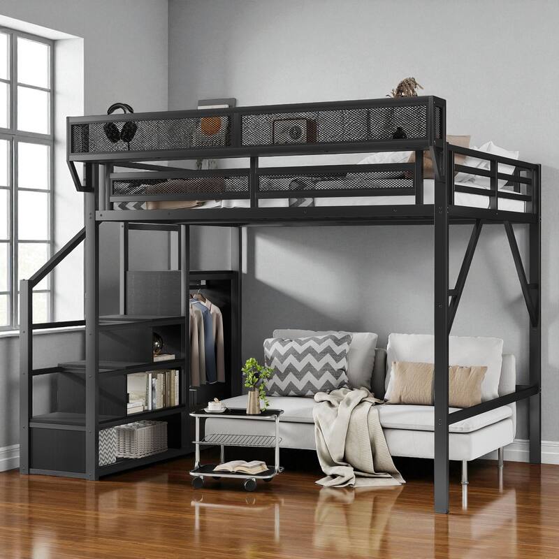 Full/Queen Size Metal Loft Bed with Stairs, Wardrobe, and Storage Shelves, High Loft Bed Frame for Kids and Teens