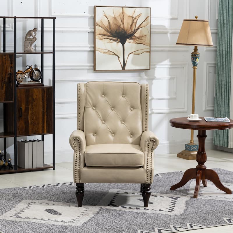 Mid-Century Velvet/Leather Upholstered Tufted Wood Frame Armchair - Camel+PU