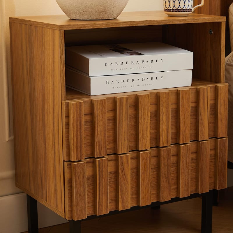 Mid Century Woodgrain Nightstand Pair 2 Drawers Bedside Table