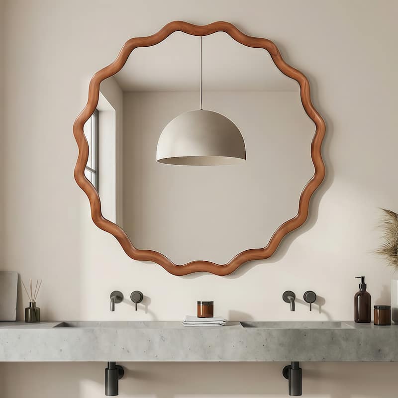 24 inch Wavy Round Solid Wood Frame Decorative Mirror - Yellowish-Brown - 24"x24"