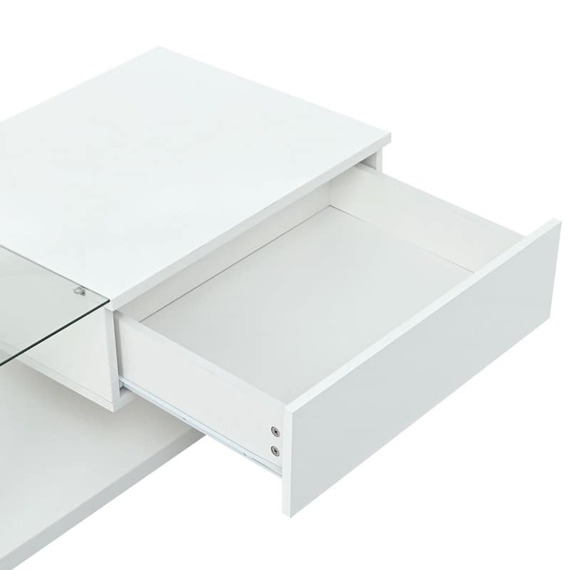 Modernist Glass & High-Gloss Wood Coffee Table with Drawer, 2-Tier Rectangular Center Table for Living Room