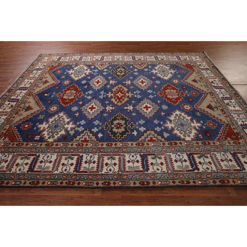 Blue Geometric Kazak Oriental Area Rug Handmade Wool Carpet - 8'0" x 9'11"