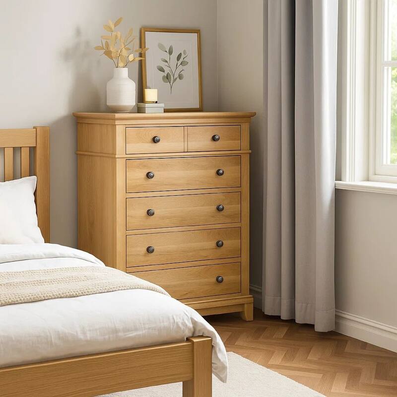 Lexa Tall Dresser Chest, 5 Drawers, Natural Oak Brown Wood, Pewter Metal