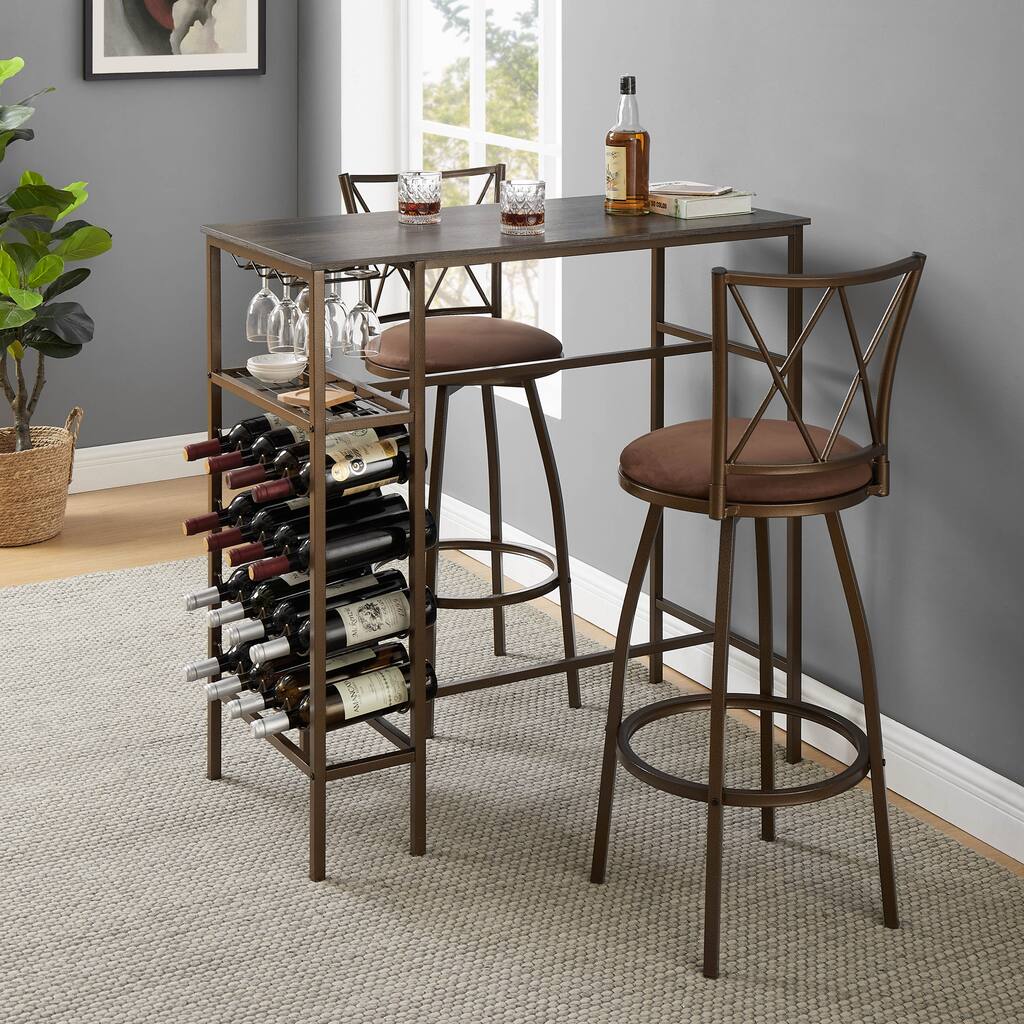 3-Piece Bar Table Set, Dining Room Table with Wine Rack, Cup Holder and 2 Bar Chairs, Vintage Brown