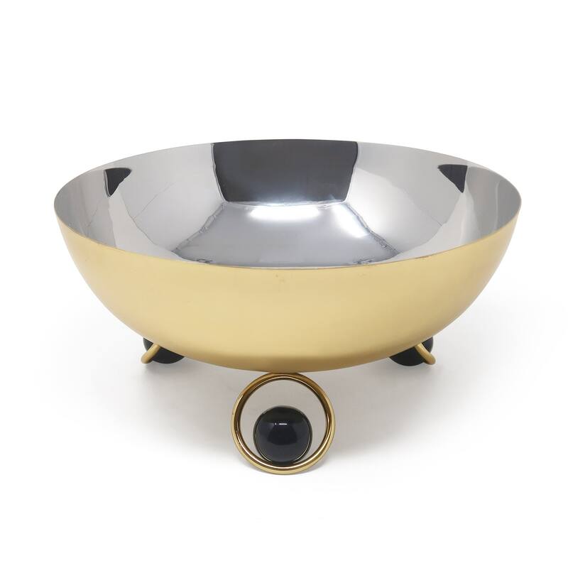 Salad Bowl Silver Inner Gold Outer with Ball Legs - Gold, Black Ball - 12''D x 5.7"H