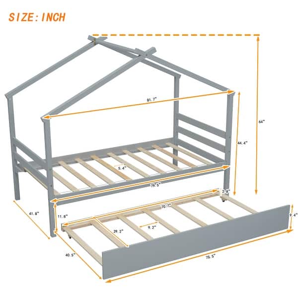 dimension image slide 2 of 3, Twin Size Pine Wood House-shaped Bed with Trundle and Roof for Kids, Boys and Girls