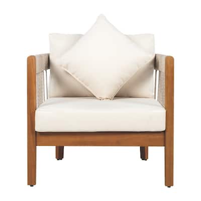 Boho-Style Outdoor Club Chair – Handwoven Rope Accents & Curved Acacia Wood Backrest, Water-Resistant with Removable Cushions .