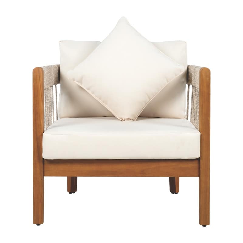 Boho-Style Outdoor Club Chair – Handwoven Rope Accents & Curved Acacia Wood Backrest, Water-Resistant with Removable Cushions .