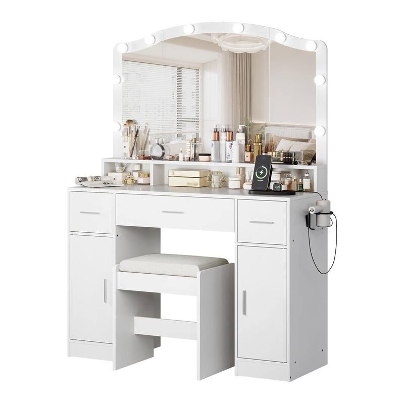 Makeup Vanity Desk with Mirror, Drawers, Cabinets, Charging Station, Stool