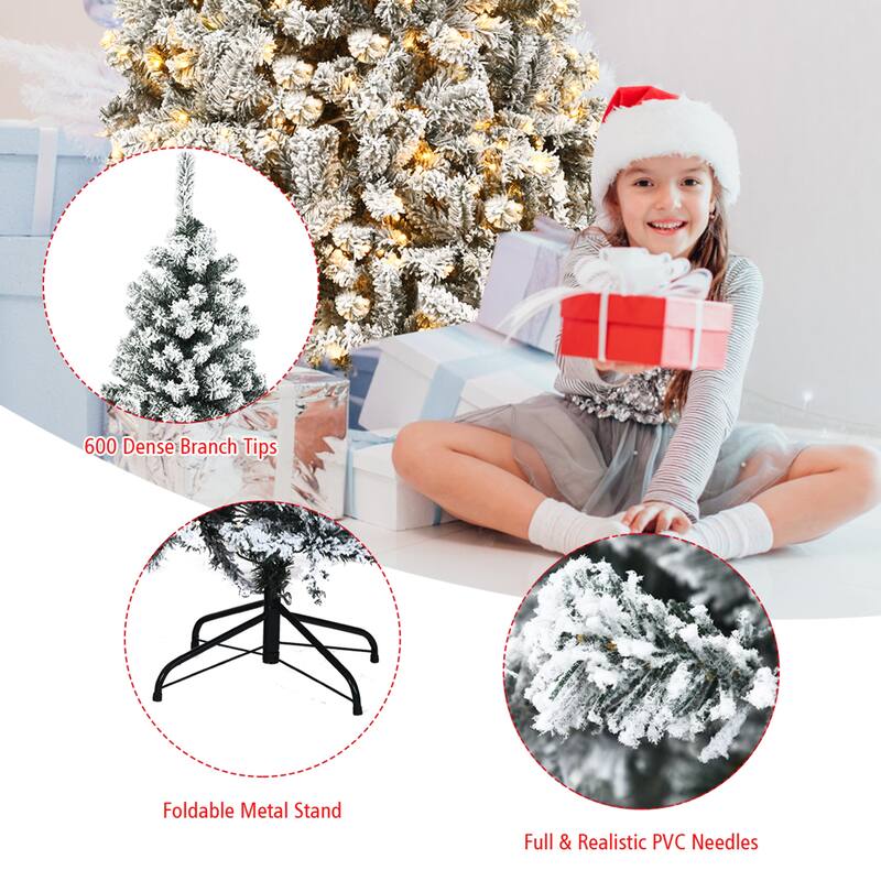 Gymax 6/7.5/9 FT Pre-Lit Christmas Tree Snow Flocked Hinged Pine Tree