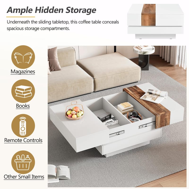 31.4" Square Coffee Table with Sliding Top and Hidden Storage