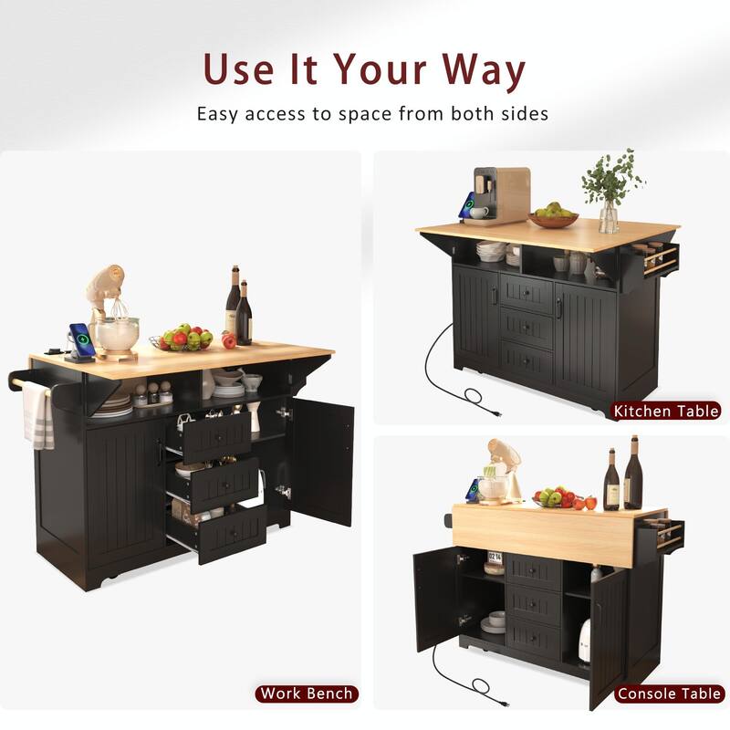 55.7" Kitchen Island with Drop Leaves, Rolling Cart with Power Outlet, Spice Rack, and 3 Drawers