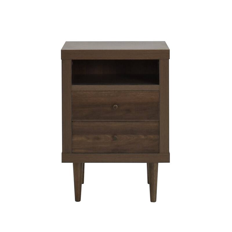 Minie Nightstand with 2 Drawers, Shelf, Rubberwood Legs, Walnut Brown