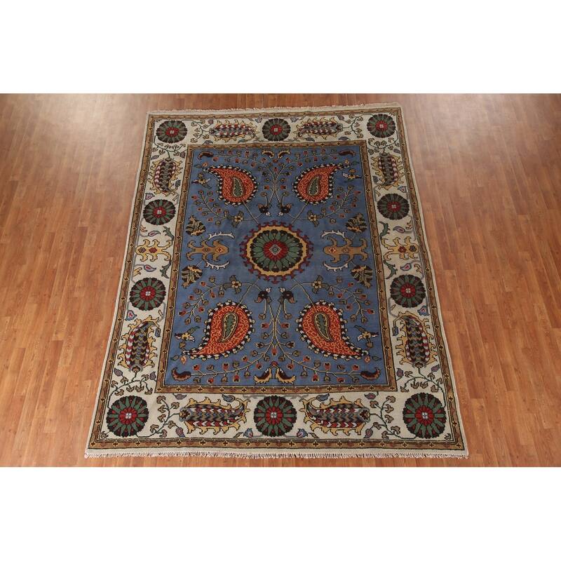 Blue Paisley Kazak Oriental Area Rug Wool Carpet - 7'10"x 10'2"