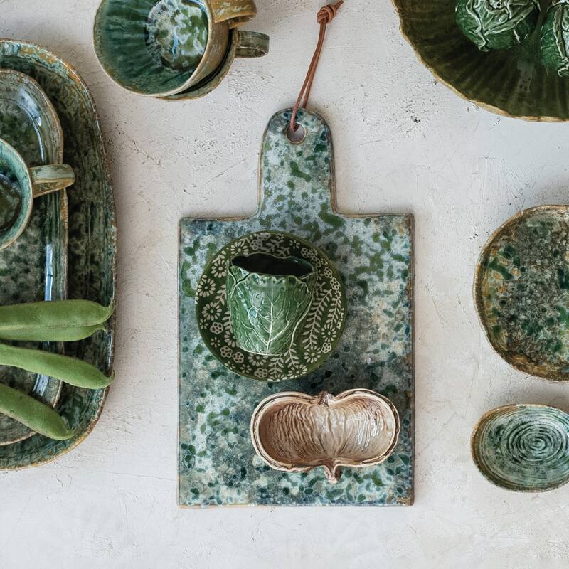 Matte Stoneware Cheese Board with Leather Tie - 13.8"L x 8.3"W x 0.5"H - Green - 13.8"L x 8.3"W x 0.5"H