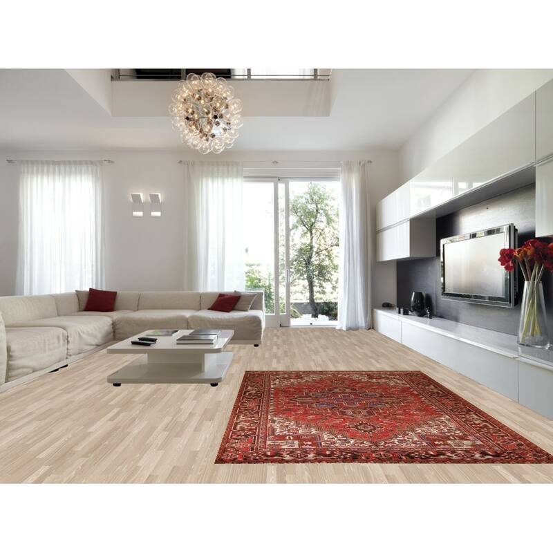 Geometric Heriz Persian Vintage Area Rug Hand-Knotted Red Wool Carpet - 7'5"x 10'9"