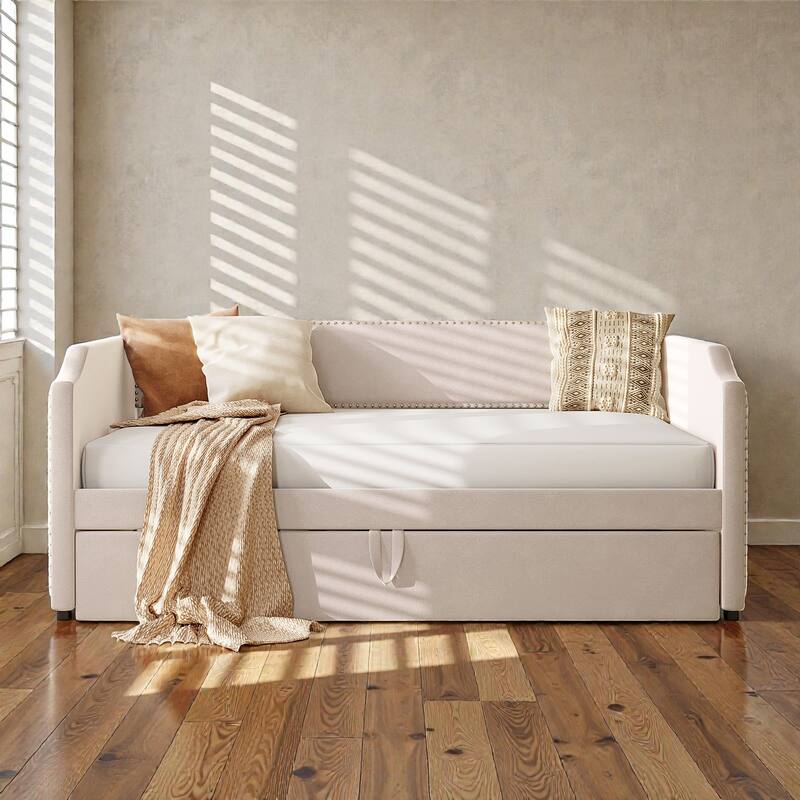 Twin Size Velvet Upholstered Daybed with Pop Up Trundle, 2-in-1 Sofa Bed for Guest Room or Kids Room - Beige - Twin
