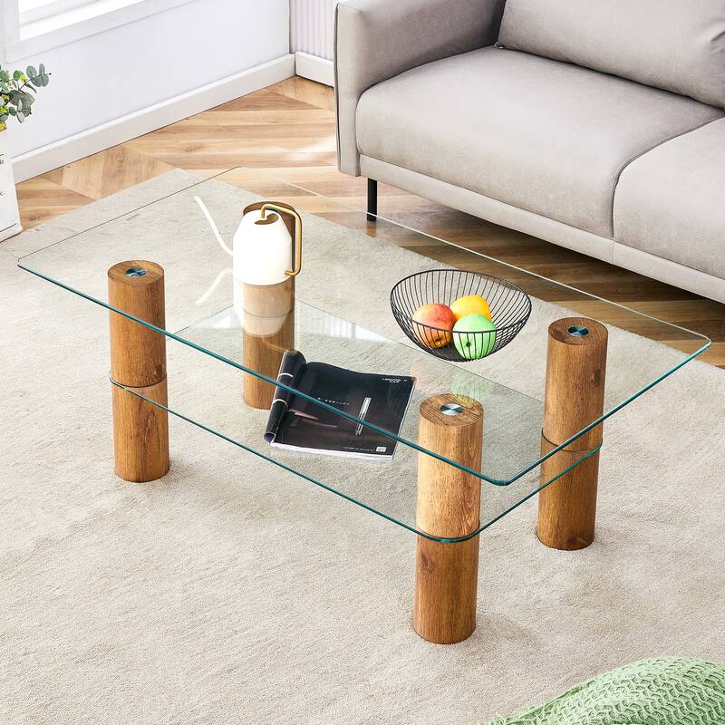 Modern minimalist double-layer transparent tempered glass coffee table - Wood
