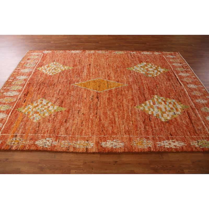 Orange Moroccan Oriental Rug Handmade Tribal Wool Carpet - 6'8" x 9'6"