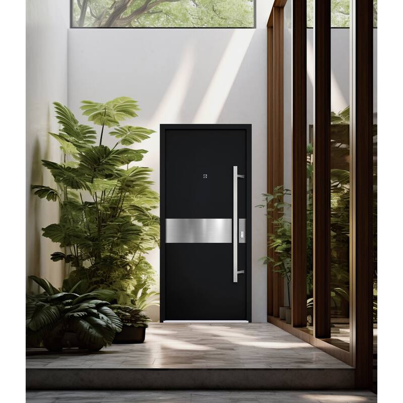 Front Prehung Steel Door 6072 Black Enamel Side and Top Window Sidelite W36+14xH80+16 Lh I Bedroom Door Bathroom Door