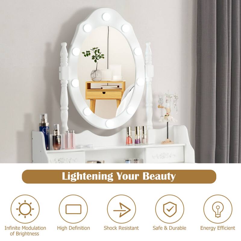 Gymax Makeup Vanity Dressing Table Set w/10 Dimmable Bulbs Cushioned - See Details