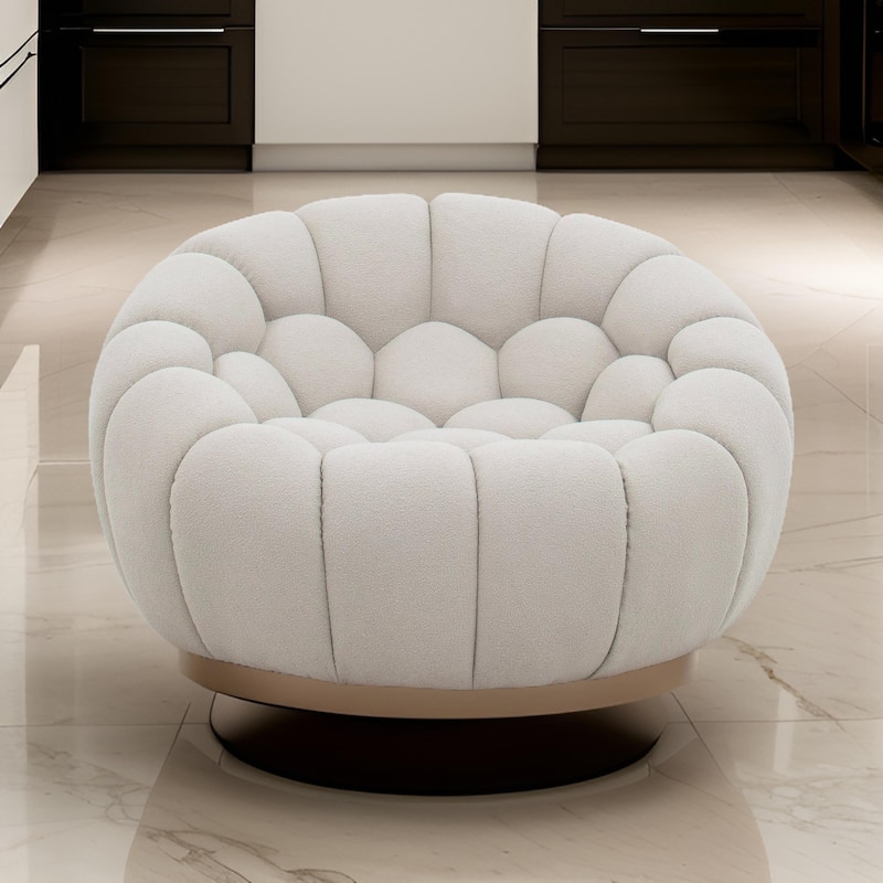 Reno Ola 48 Inch Accent Chair, Tufted Cloud Seat, Beige Fabric, Wood Frame