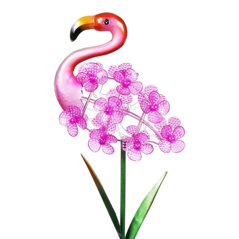 Exhart Solar Pink Flamingo with Spinning Flowers Garden Stake, 9 by 33 Inches