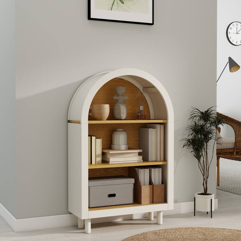 Freestanding Modern Arched Small Bookcase, Storage Cabinet with 3-Tier Storage Shelf