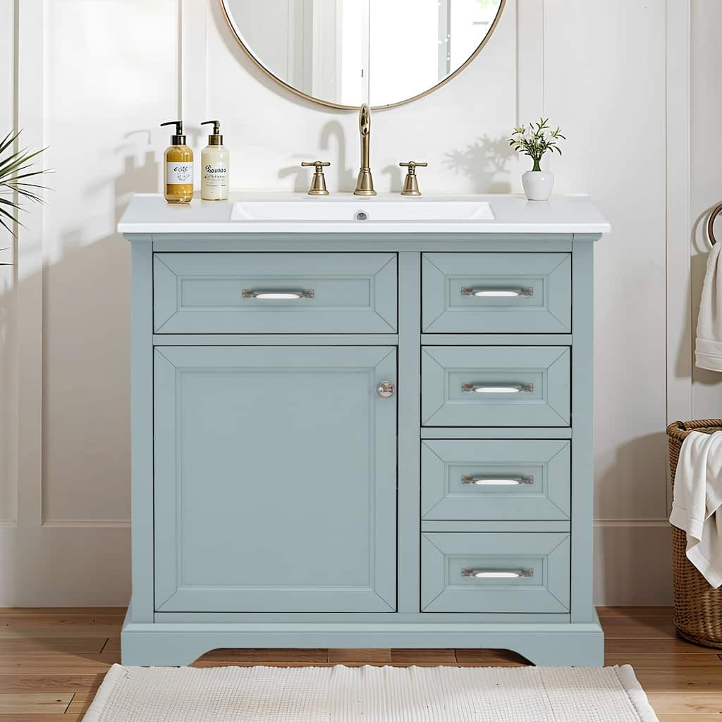 Bathroom Vanity with Ceramic Sink, Wooden Bathroom Storage Cabinet, Bathroom Vanities with 2 Tip-Out Drawers & Soft-Close Door