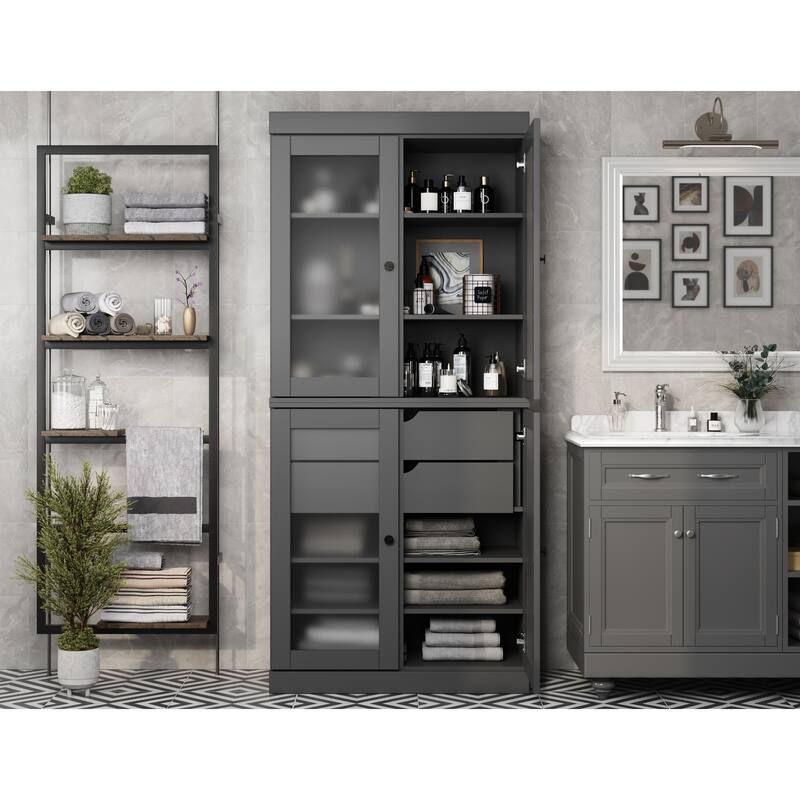 Palace Imports 100% Solid Wood 32" Bathroom Cabinet with Frosted Glass Doors, 2-Drawers and Adjustable Shelves - Gray