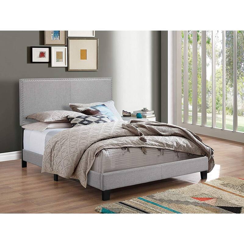 Erin Upholstered Panel Bed - Gray Nailhead Accent Bed Frame - Full Size