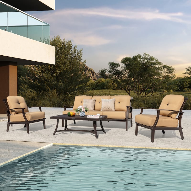 4-Piece Patio Conversation Set with Cushions, Aluminum Frame, Beige - Black
