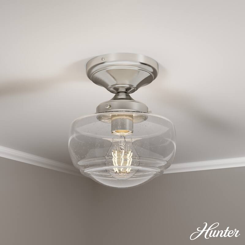 Hunter Saddle Creek 1 Light Contemporary Schoolhouse Flush Mount Ceiling Light - Bathroom, Hallway, Bedroom, Entry - Damp Rated! - Brushed Nickel- Clear Seeded Glass