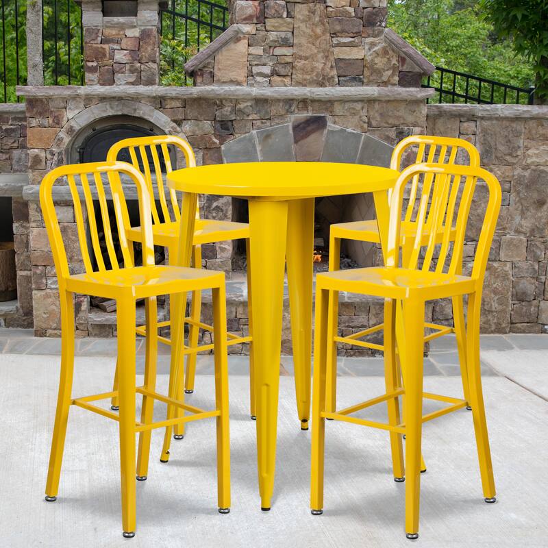 30'' Round Metal Indoor-Outdoor Bar Table Set with 4 Vertical Slat Back Stools - 30"W x 30"D x 41"H - 30"W x 30"D x 41"H