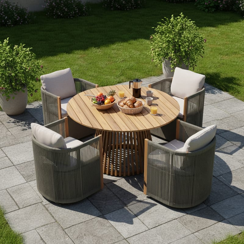 Christopher Knight Home - Roslyn 5-Piece Outdoor Acacia Wood Swivel Dining Set with Rope Woven Wicker Chairs & Round Slat Table - Light Teak+Light Grey+Beige