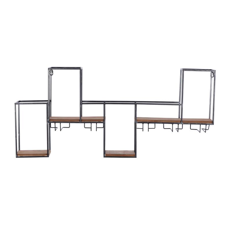 Black Metal 7 Bottle Geometric Wall Wine Rack with 5 Glass Holder Slots