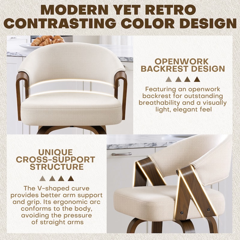 Mid-Century Upholstered Swivel Bar Stool/ Counter Stools with Curved Back - 37.5"H x 20.9"W x 19.9"D