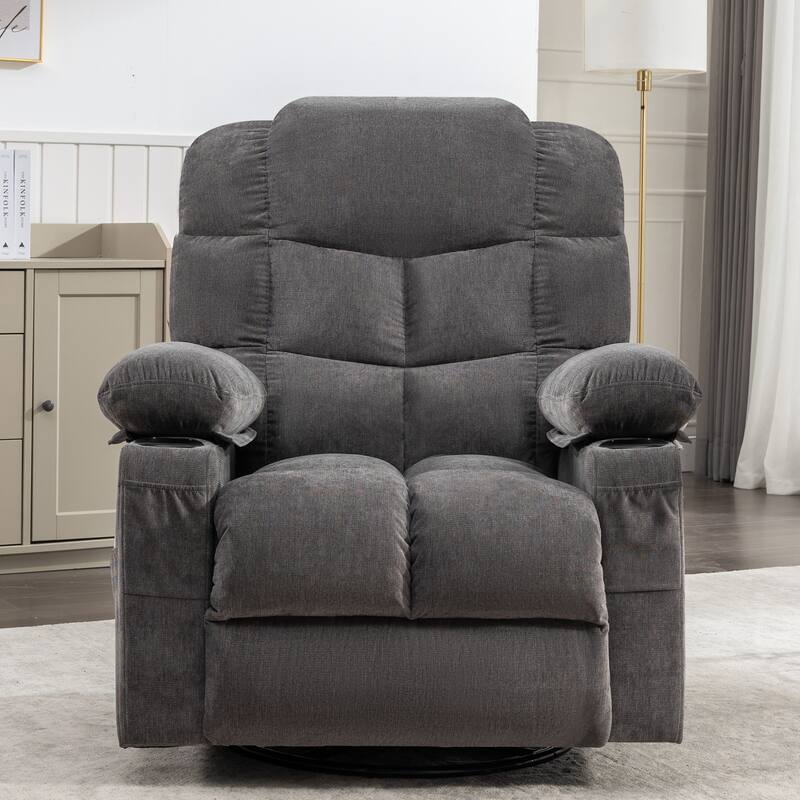Grey Oversized Rocker Recliner Chair with Vibration Massage, Heating, USB Port, Dual Cup Holders, and Side Pockets