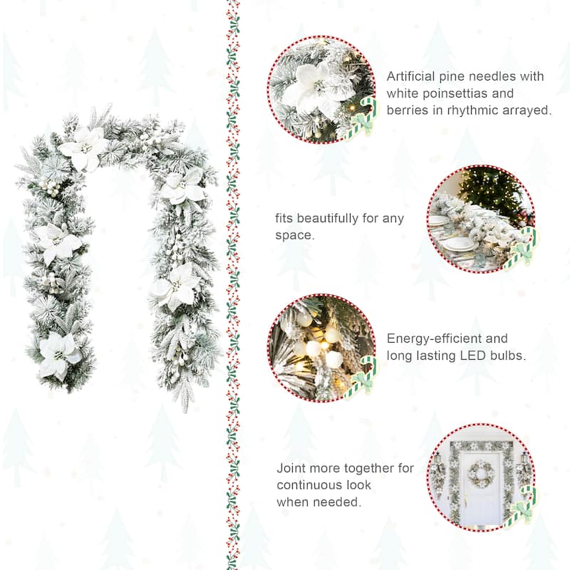 Glitzhome Set of 2/4 6ft Pre-Lit Flocked Greenery Pine White Poinsettia Christmas Garland