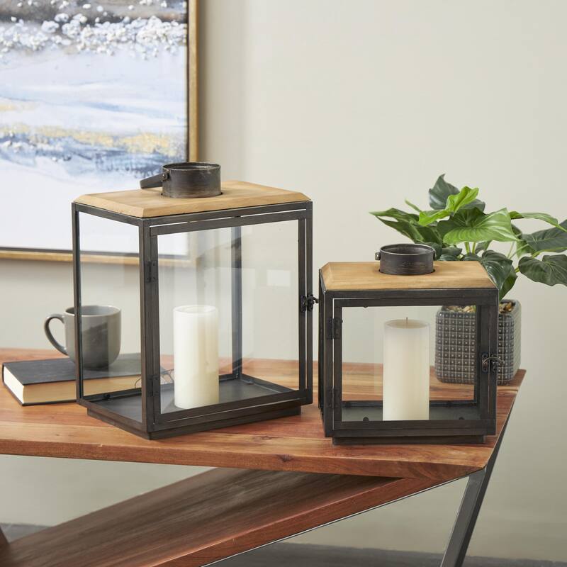 Metal Brushed Rectangular Indoor Outdoor Candle Lantern with Brown Wood Tops - Set of 2 Dark Gray - Roche River Decor