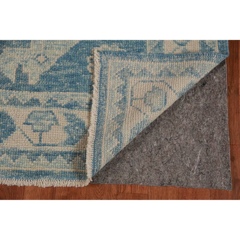 Hand Knotted Oriental 100% Wool Carpet Transitional Geometric Navy Blue & Blues Oushak Runner Rug - 18' 8'' X 3' 2''