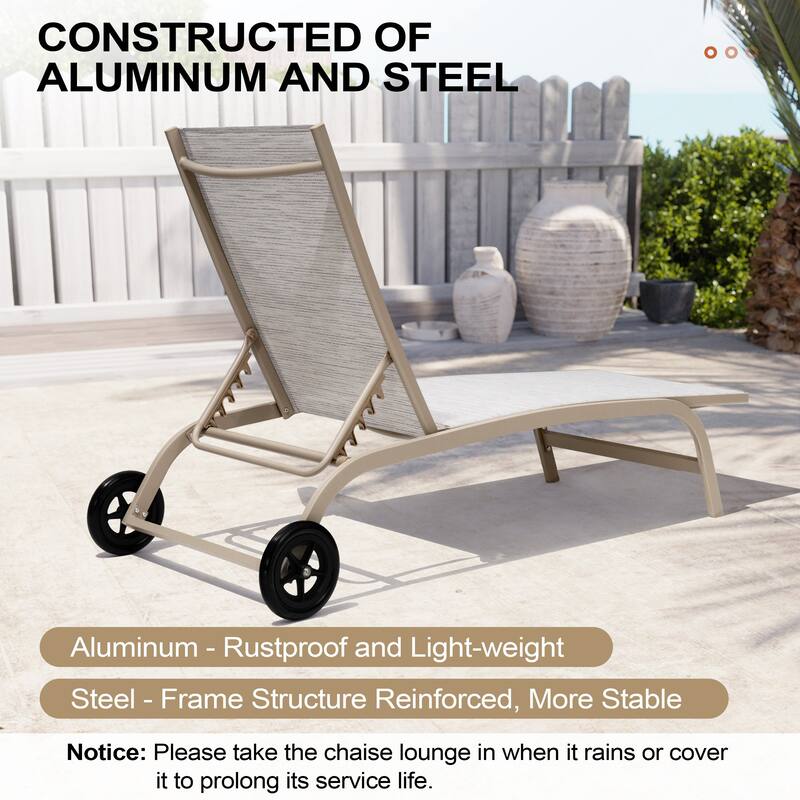 Outdoor Chaise Lounge Chair Pool Lounger with Adjustable Back and Wheels